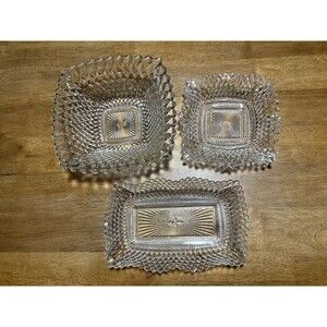 Set of 3 INDIANA GLASS Bowls Square Ruffle Diamond Point Candy Nut Dish Clear